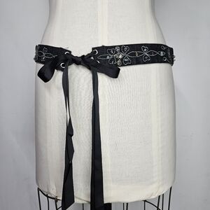 Belt 40-50" Vintage Black Denim Gemstone Embroidered Grosgrain Ribbon Wrap Tie